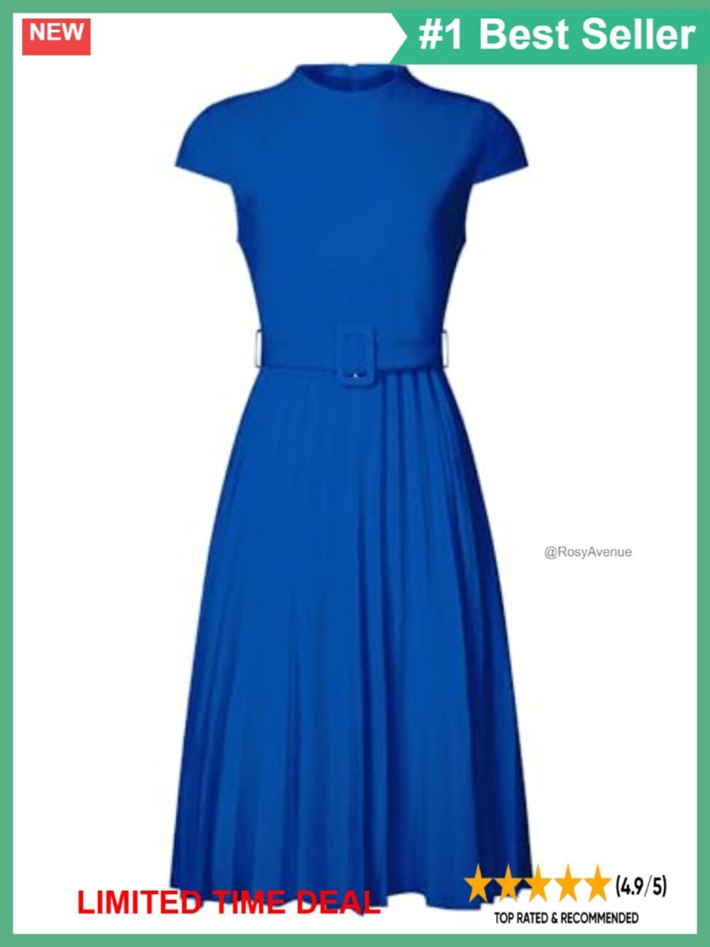 Women's Pleated Dress Mock Neck Cap Sleeve Belted A-Line Semi-Formal